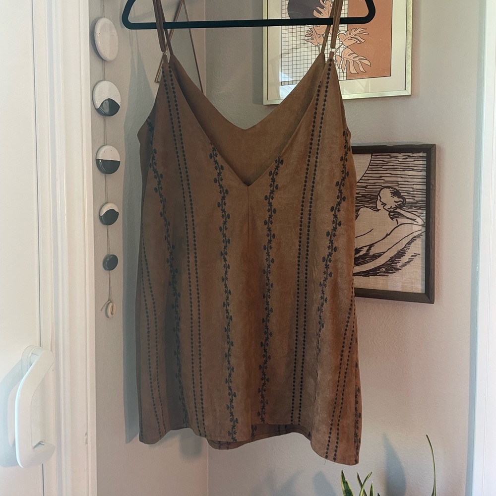 Suede brown mini dress with black floral detailing in size Large